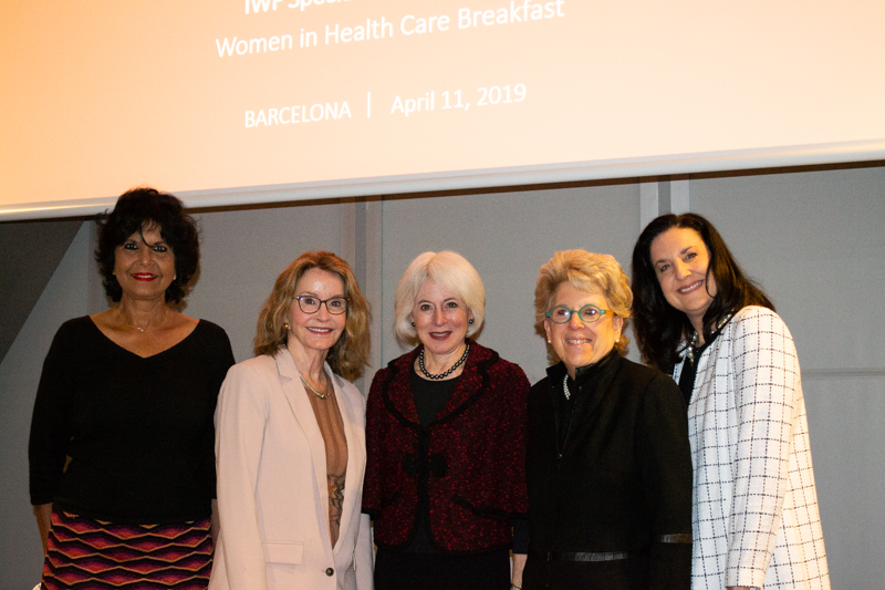 Speakers from IWF’s Women in Health Care Special Interest Group in Barcelona (from left to right): J. Usha Raj, MD, Anjuli S. Nayak Endowed Professor of Pediatrics, University of Illinois at Chicago College of Medicine; Dorthy Miller Shore, CEO, Prime Women; Karen Wolk Feinstein, PhD, CEO and President, Jewish Healthcare Foundation and WHAMglobal; Debra Caplan, MPA, chair of WHAMglobal; Dolores Sukhdeo, President and CEO, South Florida CBS.