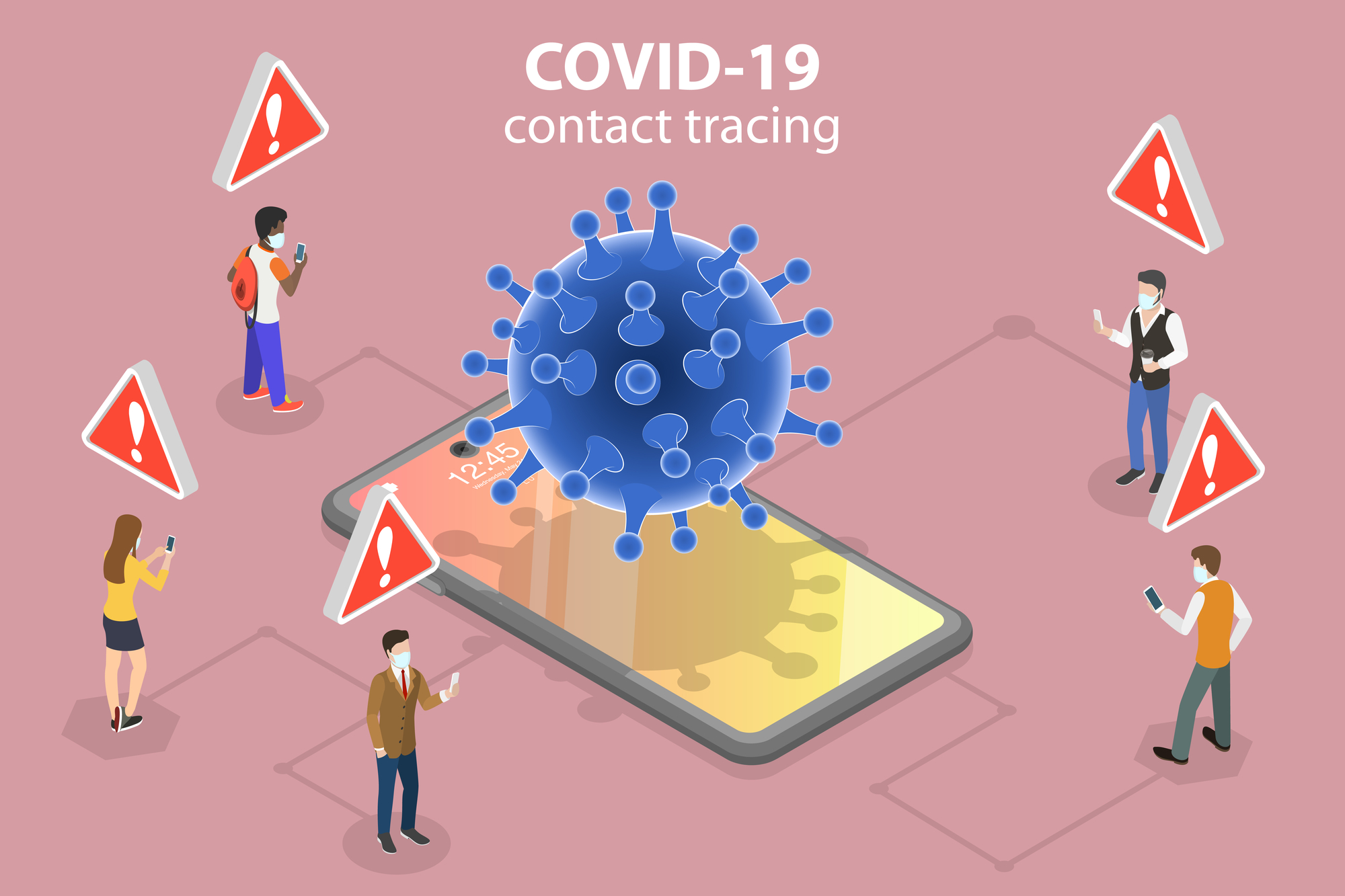 Graphic of a COVID-19 virus floating on a smartphone, with people standing around it wearing masks and holding smartphones. Red triangle exclamation point icons float above their heads.