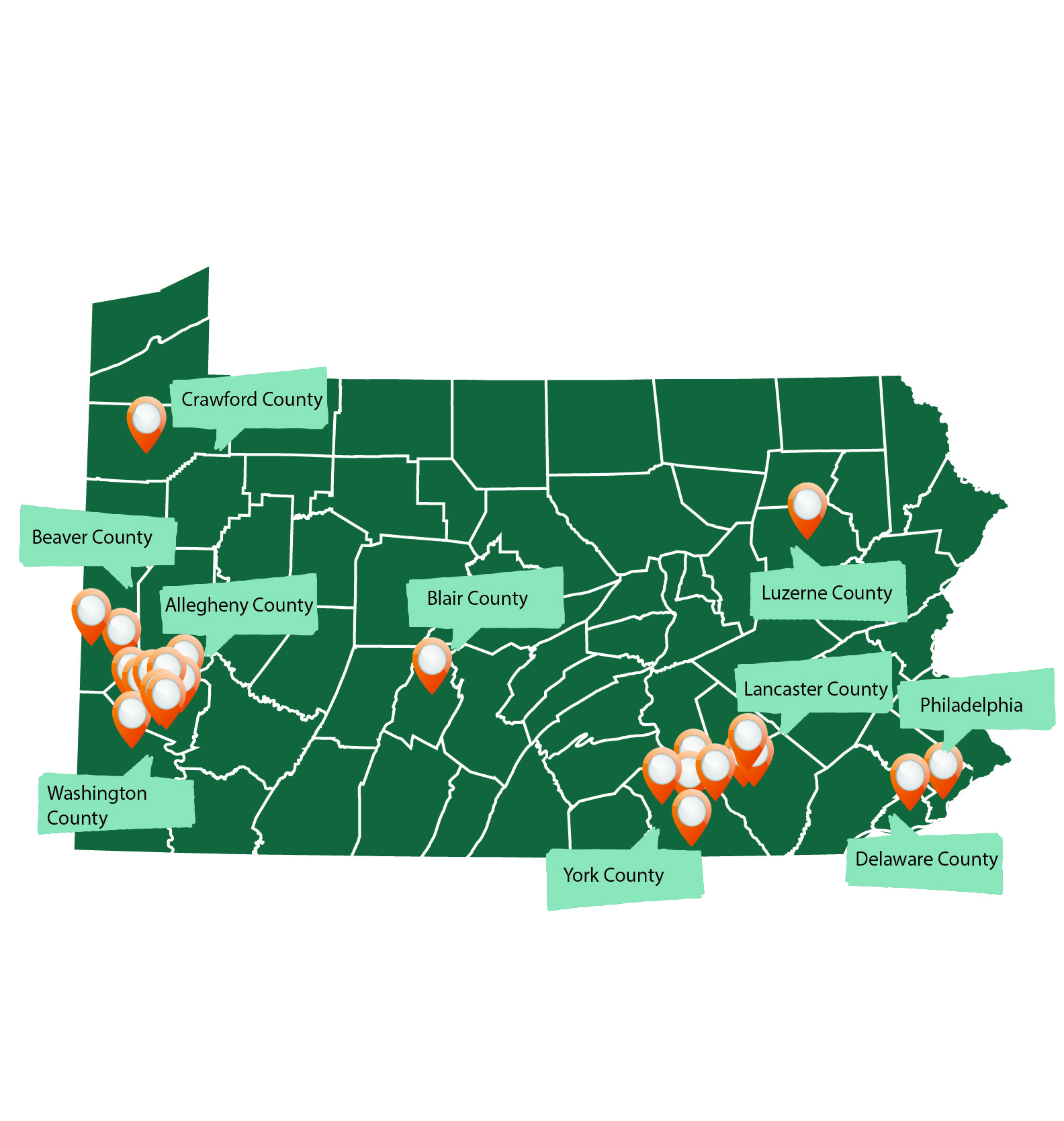 Map showing the Pennsylvania counties that the 2022 Advocacy Series participants represent