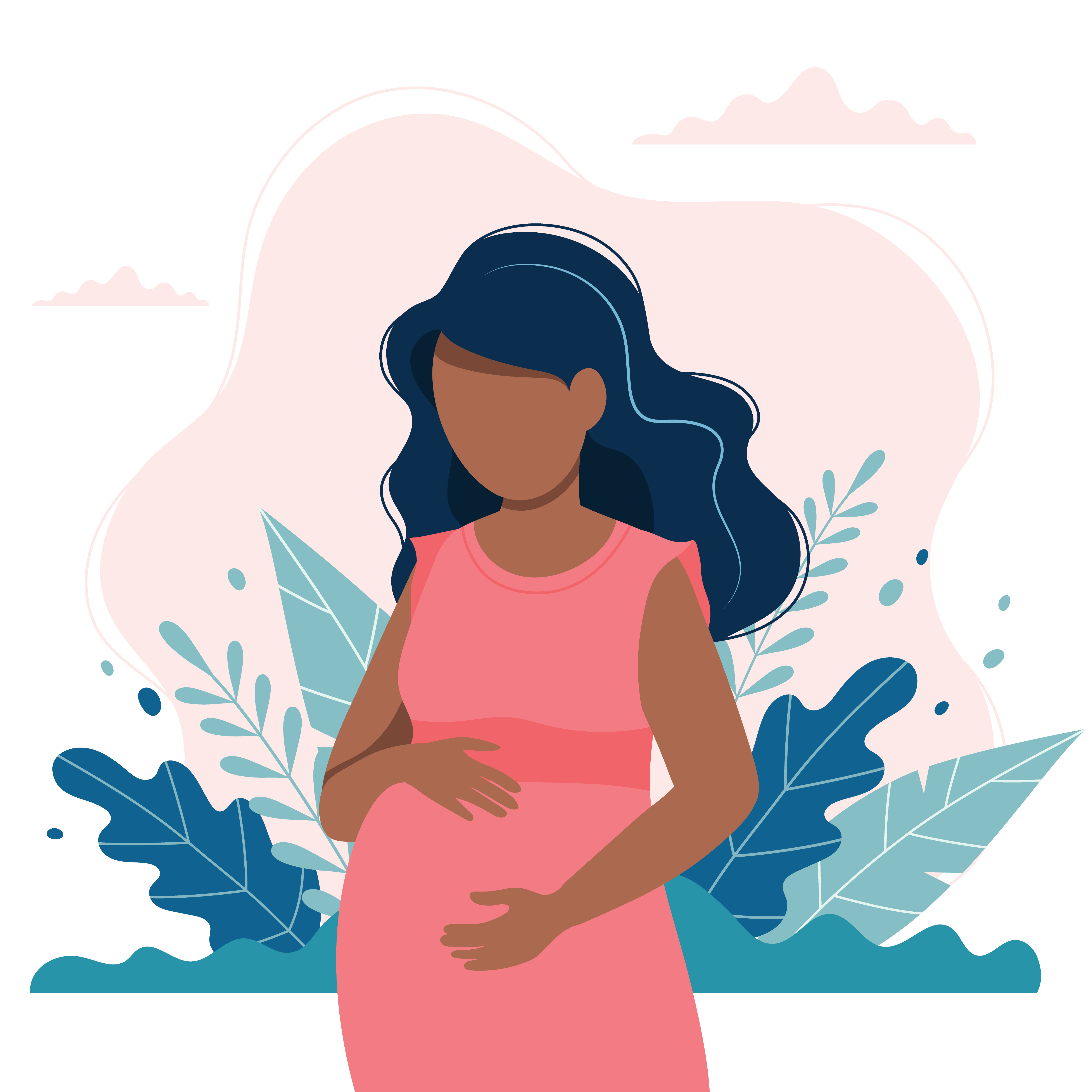 Illustration of a pregnant woman with long black hair and dark brown skin in a pink dress holding her stomach