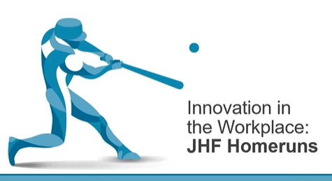 Rendering of a blue figure of a baseball player hitting a home run with text that reads 